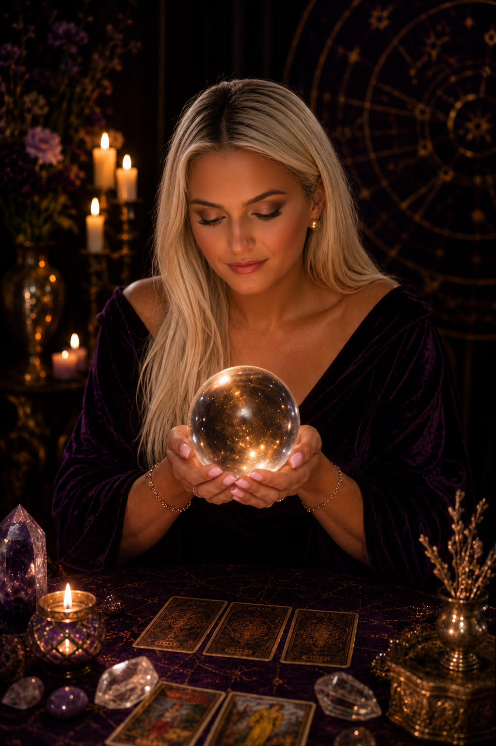 Amanda at her candlelit reading table